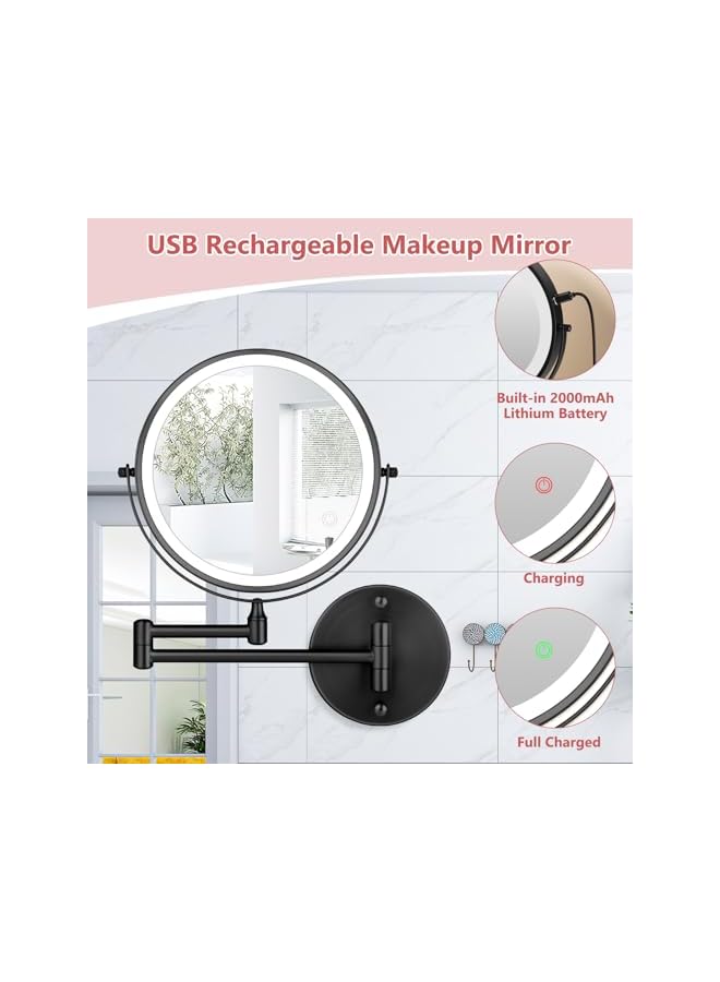 The Bros Rechargeable Wall Mounted Lighted Makeup Mirror 8 inch Double Sides 1X/10X Magnifying LED Makeup Mirror 3 Color Lights Touch Screen Dimmable 360° Swivel Extendable Bathroom Mirror Shaving Mirror Black - Image 3