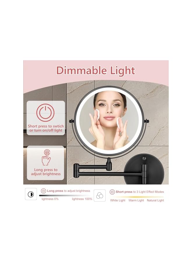 The Bros Rechargeable Wall Mounted Lighted Makeup Mirror 8 inch Double Sides 1X/10X Magnifying LED Makeup Mirror 3 Color Lights Touch Screen Dimmable 360° Swivel Extendable Bathroom Mirror Shaving Mirror Black - Image 5