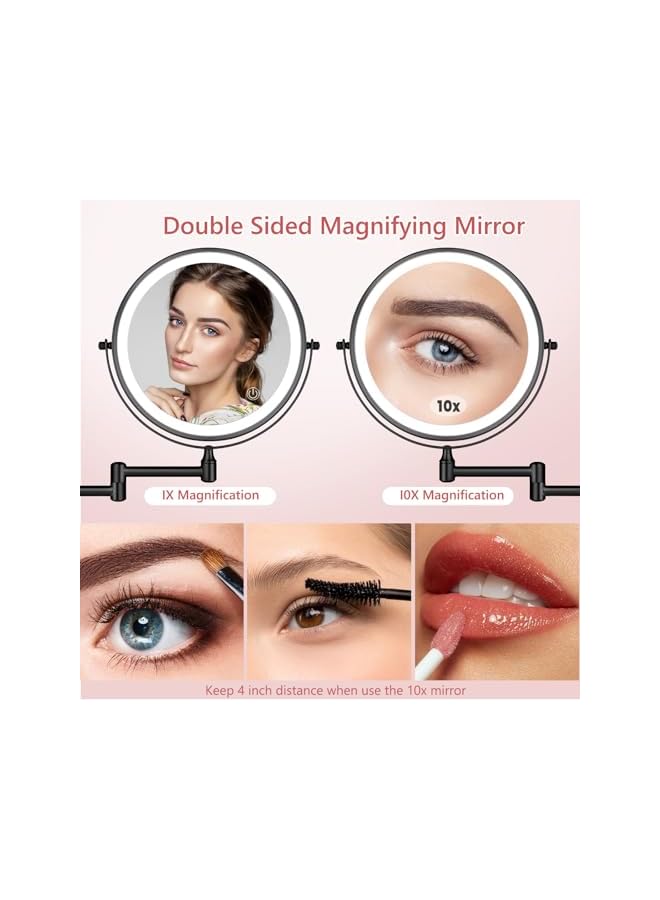 The Bros Rechargeable Wall Mounted Lighted Makeup Mirror 8 inch Double Sides 1X/10X Magnifying LED Makeup Mirror 3 Color Lights Touch Screen Dimmable 360° Swivel Extendable Bathroom Mirror Shaving Mirror Black - Image 2