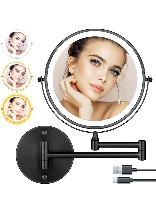 The Bros Rechargeable Wall Mounted Lighted Makeup Mirror 8 inch Double Sides 1X/10X Magnifying LED Makeup Mirror 3 Color Lights Touch Screen Dimmable 360° Swivel Extendable Bathroom Mirror Shaving Mirror Black - Image 1