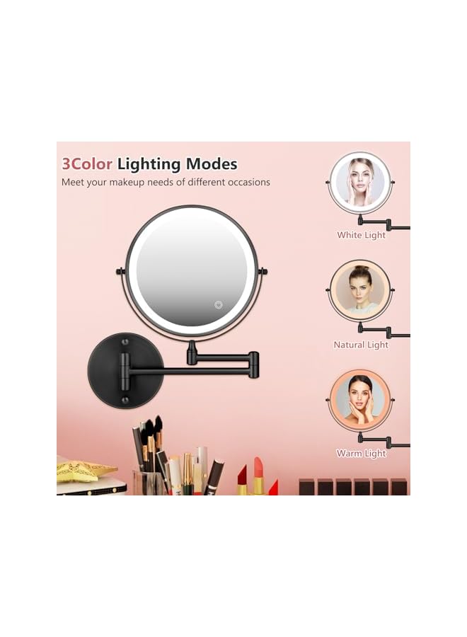 The Bros Rechargeable Wall Mounted Lighted Makeup Mirror 8 inch Double Sides 1X/10X Magnifying LED Makeup Mirror 3 Color Lights Touch Screen Dimmable 360° Swivel Extendable Bathroom Mirror Shaving Mirror Black - Image 4