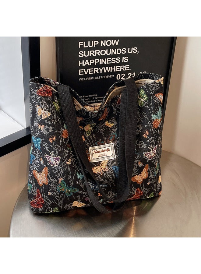 High School Students Class Canvas Bag 2024 Commuter Tote Bag Women's Ins Fashion Out Shoulder Mummy Bag-Color:small Size Black - Image 4
