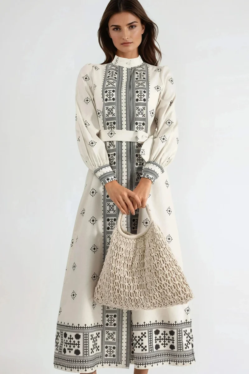 Jennyfer Mandarin Collar Geometric Paneled Maxi Dress