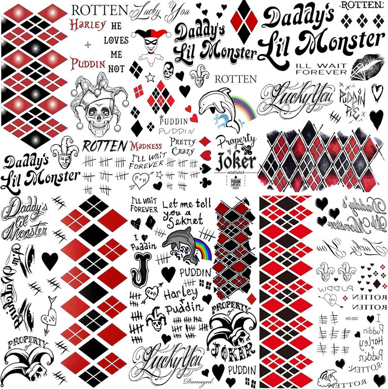 COKTAK 6 Sheets HQ Temporary Tattoos For Women Kids Men Halloween Makeup Kit Cosplay Fake Face Joker Tattoos Stickers Prison Prisoner Inmate Rapper Halloween Temporary Tattoos Rave Party Accessories