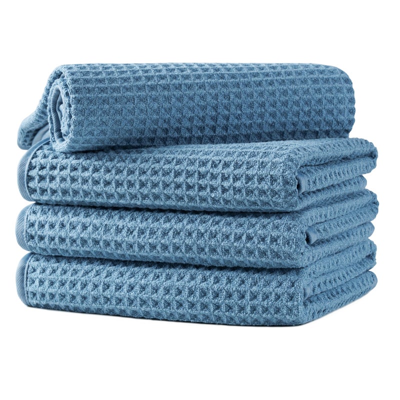 MICROFI Microfiber Waffle Hand Towels, 4 Pieces, Soft, Absorbent, Fast Drying, Lint Free (Blue) - Image 1