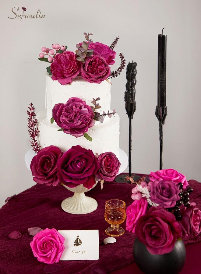Serwalin Artificial Flowers Dark Magenta Hot Pink Fake Wedding Flowers Silk Flowers Faux Cake Flowers for DIY Wedding Bouquets Centerpieces Home Decorations Baby Shower Floral Arrangements - Image 5