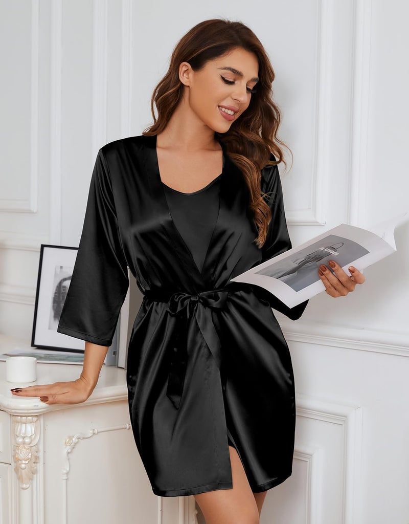 SAPJON Silk Pajamas for Women 5Pcs Sleepwear Loungewear Satin Robe Cami Shorts Pj Set Black - Image 3
