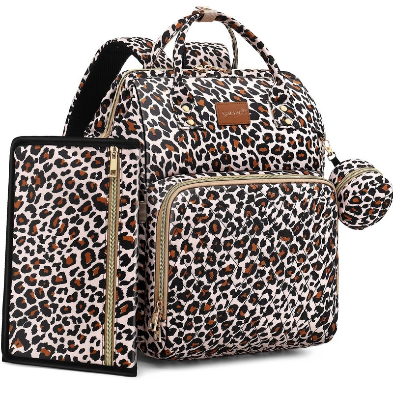 ROSEGIN Diaper Bag Backpack with Changing Pad Pacifier Case Baby Bag for Boy Girl Toddler Large Stylish Waterproof Travel Quilted Diaper Bag for Mom Baby Shower Cheetah