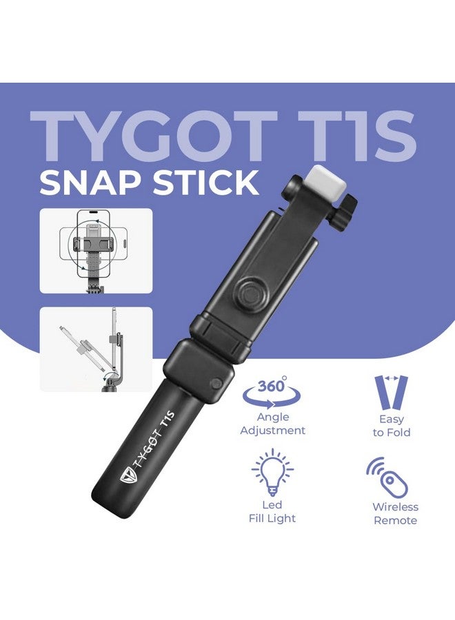 Tygot T1S SnapStick with Tripod Stand, 3 in 1 Multifunctional Design, Rechargable LED Light with Two Brighness Levels for Make up, Selfie, Vlogging & Photo Shoot, Selfie Stick with Bluetooth Remote - Image 4