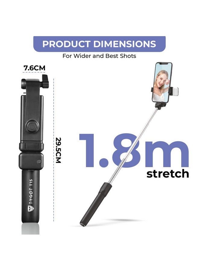 Tygot T1S SnapStick with Tripod Stand, 3 in 1 Multifunctional Design, Rechargable LED Light with Two Brighness Levels for Make up, Selfie, Vlogging & Photo Shoot, Selfie Stick with Bluetooth Remote - Image 2