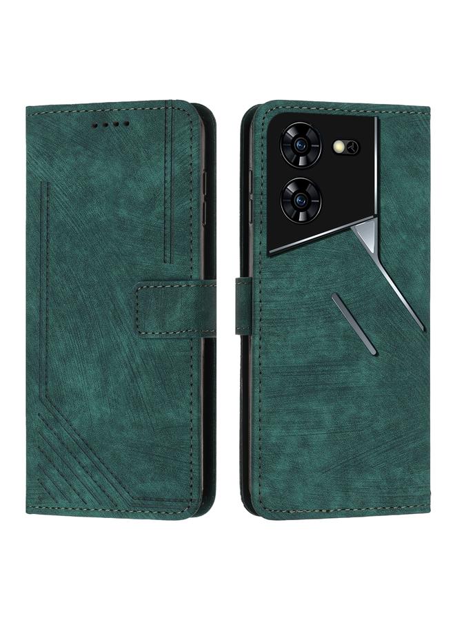 Green Tiger For Tecno Pova 5 Pro Skin Feel Stripe Pattern Leather Phone Case with Long Lanyard(Green)