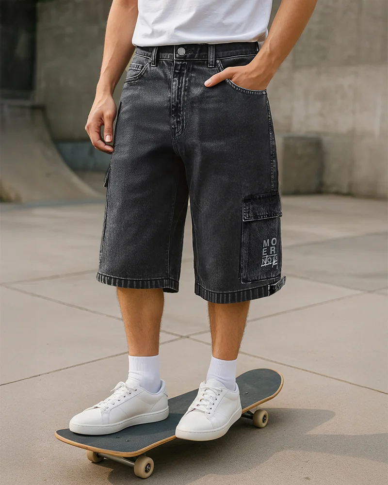 بيواكوف Men's Grey Washed Baggy Fit Cargo Shorts