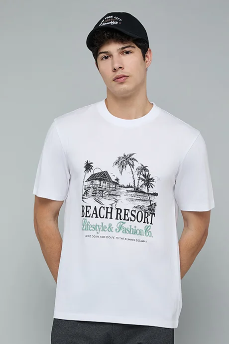 أر أند بي Printed T-Shirt with Crew Neck and Short Sleeves
