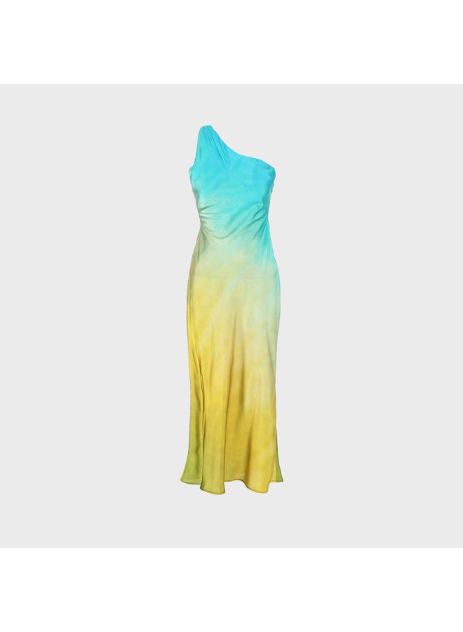 Zara women's Gradient Backless Resort Style Flowy Asymmetric One-shoulder Midi Dress - Image 2