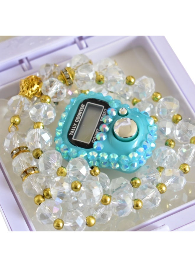 Blue Digital Diamond Tally Counter and Clear 33 count Crystal Tasbeeh Set Islamic Dhikr 9x9x2cm Gift Box - Image 1