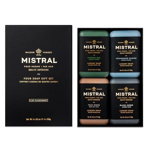 Mistral Menâ€™s Luxury Bar Soap for Men | Gift Set (4 x 8.8 oz) â€“ Cypress Oak, Cedarwood Marine, Teak Wood, Black Amber | Moisturizing, Triple-Milled Natural Soap for Men | Made in France - Image 1