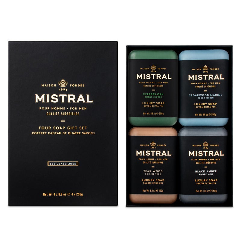 Mistral Menâ€™s Luxury Bar Soap for Men | Gift Set (4 x 8.8 oz) â€“ Cypress Oak, Cedarwood Marine, Teak Wood, Black Amber | Moisturizing, Triple-Milled Natural Soap for Men | Made in France - Image 2