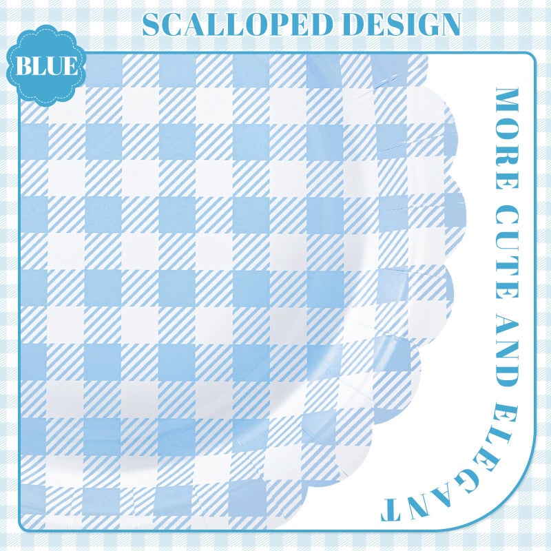 NatNarr 30 Pcs Blue Gingham Plates, 9 Inch Scalloped Blue Gingham Party Supplies Plaid Dessert Dinner Plates for Boy Baby Shower, Wedding, Birthday - Image 4
