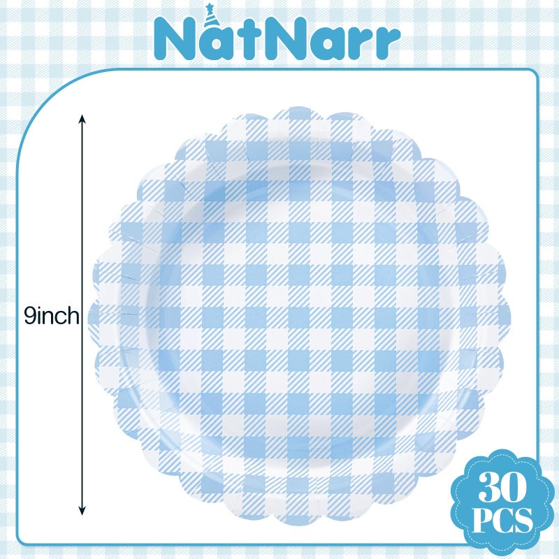 NatNarr 30 Pcs Blue Gingham Plates, 9 Inch Scalloped Blue Gingham Party Supplies Plaid Dessert Dinner Plates for Boy Baby Shower, Wedding, Birthday - Image 2
