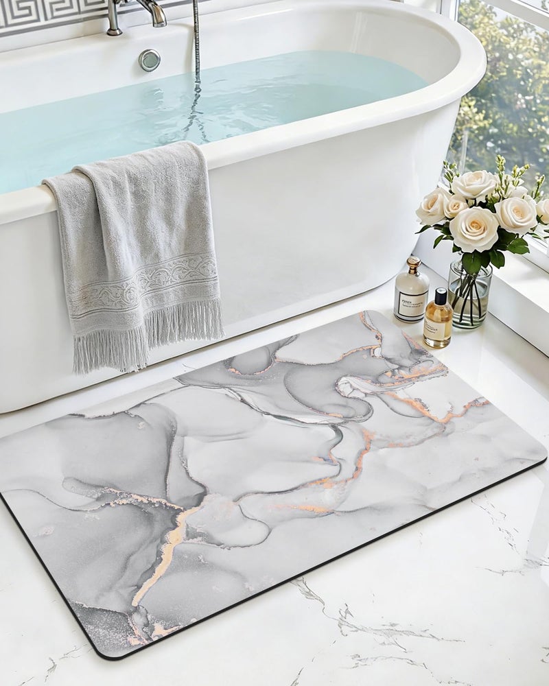 DEXI Bathroom Mat Ultra Thin Non Slip Bath Rug for Shower Floor Absorbent Quick Dry Marble Bathmats Low Profile 17x32 Light Grey