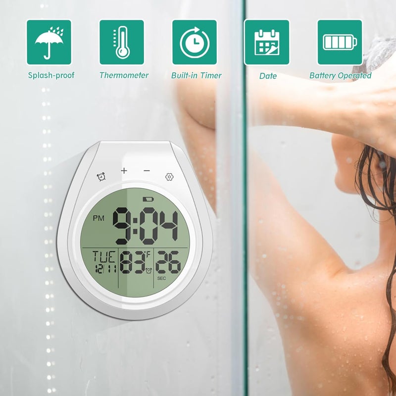 Wisoee Shower Timer Clock Waterproof, Digital Bathroom Kitchen Wall Clock with LCD Display, 12/24 Hour Format, Temperature, Countdown Timer, Suction Cup, Hanging Hole - Image 3
