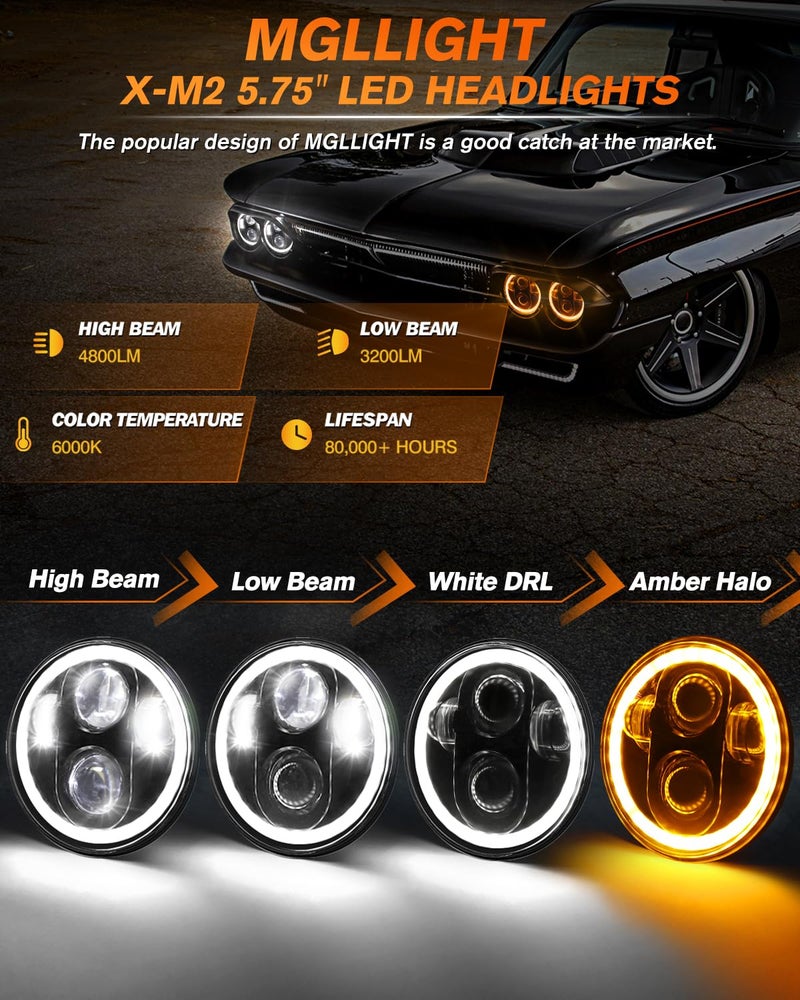 MGLLIGHT 5 3/4 5.75 inch LED Headlight with Amber Halo DRL LED Projector Sealed Beam Headlight Compatible with Kenworth W900 Challenger Gran Torino P-eterbilt 352 (4pcs) - Image 2