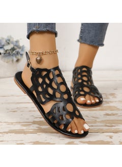 Womens Summer New Style One-Row Buckle Strap Sandals Plus Size Flat Bottom Hollow Out Fish Mouth Sandals Rubber Material Black