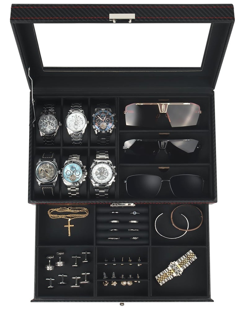 Kukikan Watch Jewelry Box Organizer, 6-Slot 2-Layer Watch Case and Sunglasses Storage with Large Glass Lid, Men's Jewelry Box with Lock, Watch Holder Display Case, Gift for Men Women - Image 1