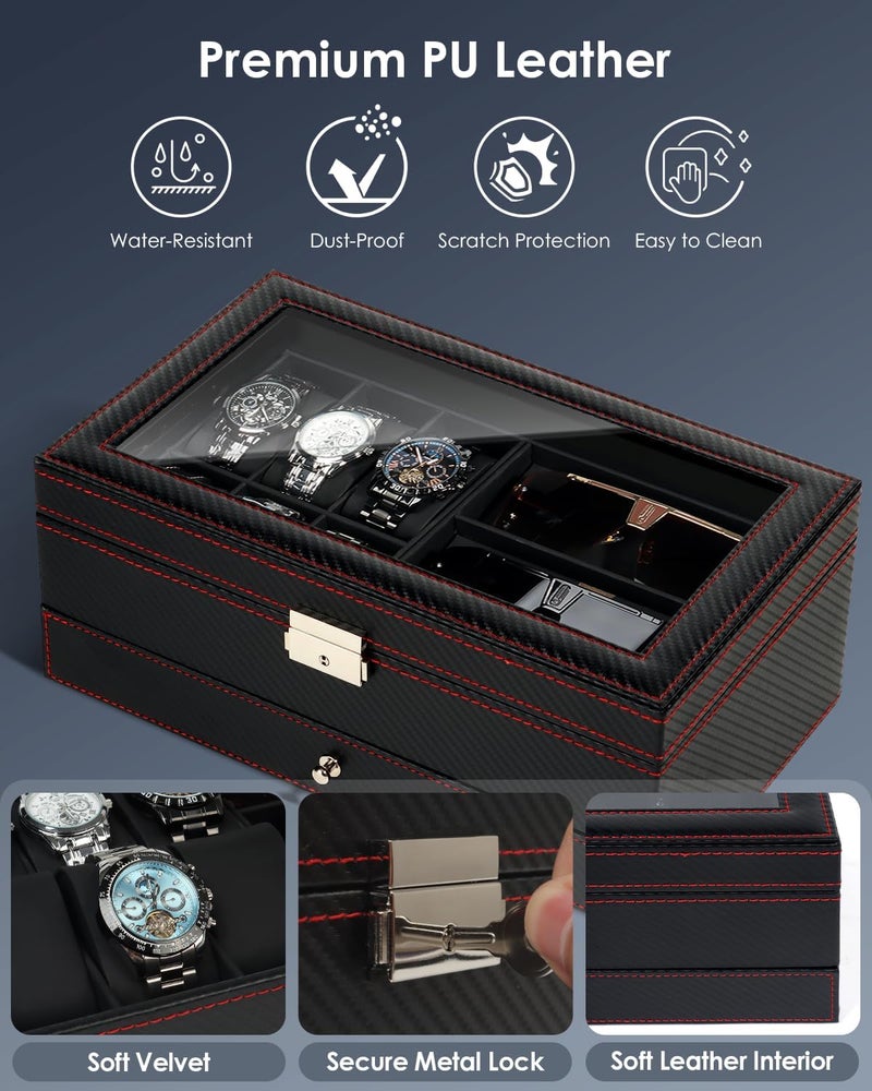 Kukikan Watch Jewelry Box Organizer, 6-Slot 2-Layer Watch Case and Sunglasses Storage with Large Glass Lid, Men's Jewelry Box with Lock, Watch Holder Display Case, Gift for Men Women - Image 4