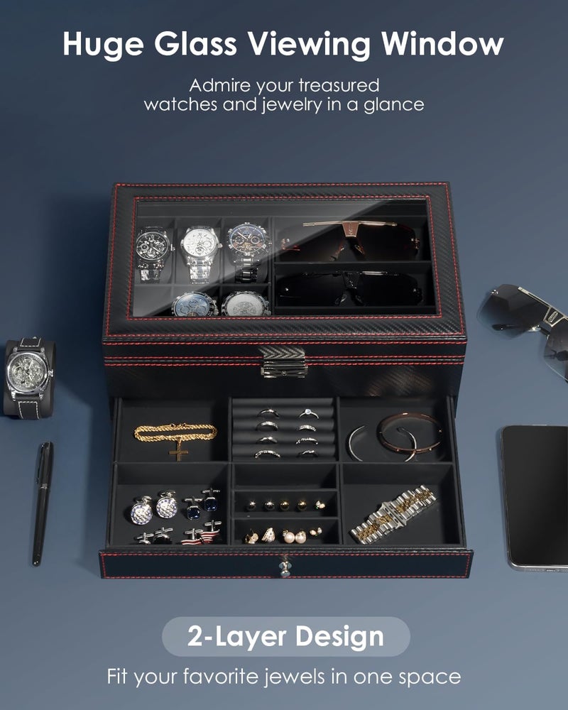 Kukikan Watch Jewelry Box Organizer, 6-Slot 2-Layer Watch Case and Sunglasses Storage with Large Glass Lid, Men's Jewelry Box with Lock, Watch Holder Display Case, Gift for Men Women - Image 2