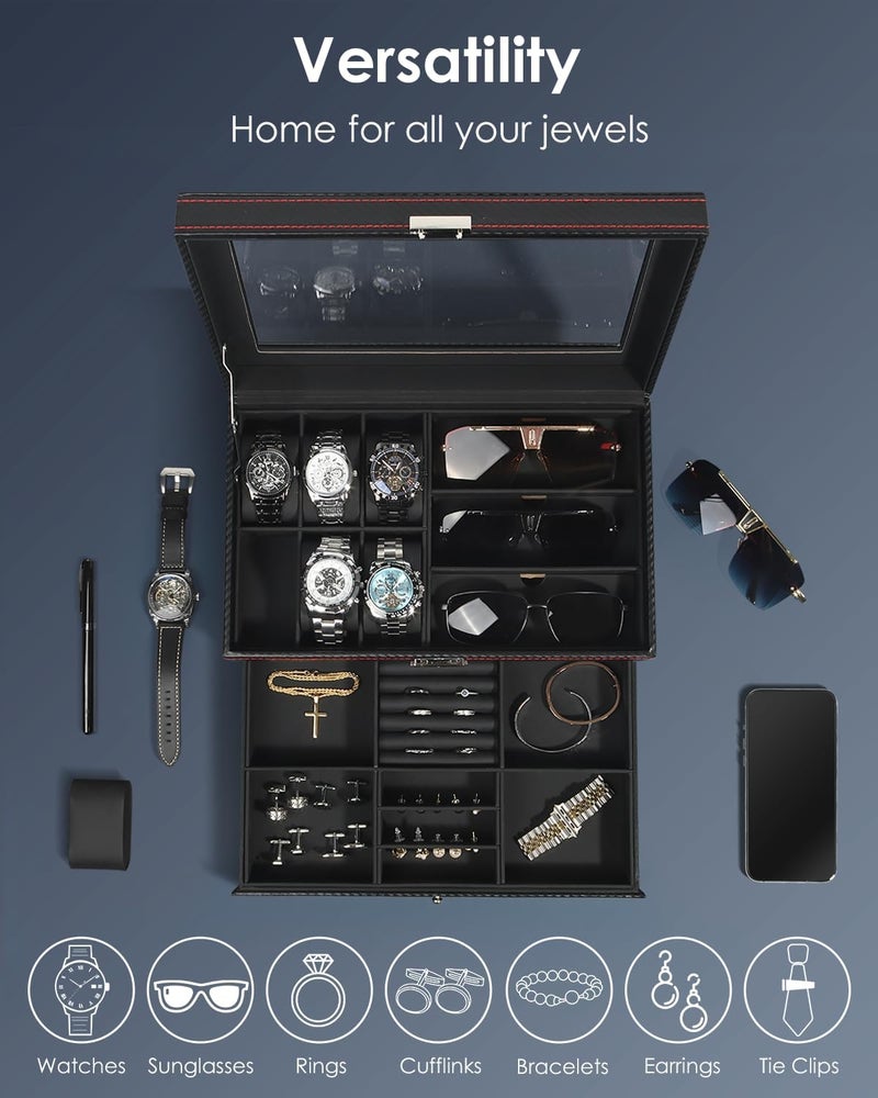 Kukikan Watch Jewelry Box Organizer, 6-Slot 2-Layer Watch Case and Sunglasses Storage with Large Glass Lid, Men's Jewelry Box with Lock, Watch Holder Display Case, Gift for Men Women - Image 3