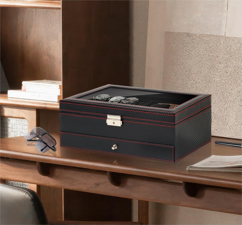 Kukikan Watch Jewelry Box Organizer, 6-Slot 2-Layer Watch Case and Sunglasses Storage with Large Glass Lid, Men's Jewelry Box with Lock, Watch Holder Display Case, Gift for Men Women - Image 5