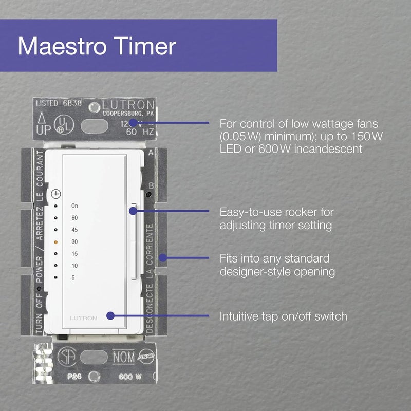 LUTRON Maestro Countdown Timer Switch for Fans and Lights, Timer Switch for Lights, 3A/150-Watt LED Bulbs, Single-Pole/Multi-Location, MA-T51MN-WH, White - Image 4