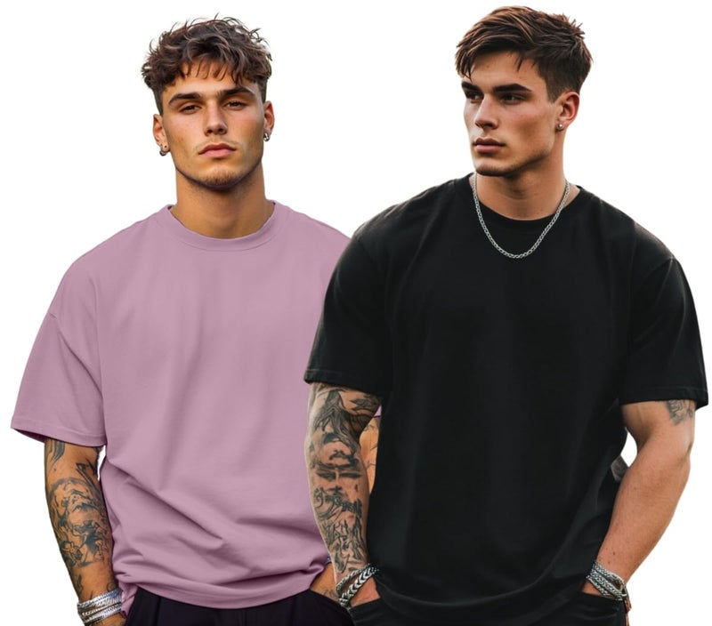 Veirdo® Lilac & Black Oversized Baggy Fit Drop Shoulder Half Sleeves Round Neck Solid Pure Cotton T-Shirt for Men (PO2_OS_100_LL_BK_L) - Image 1