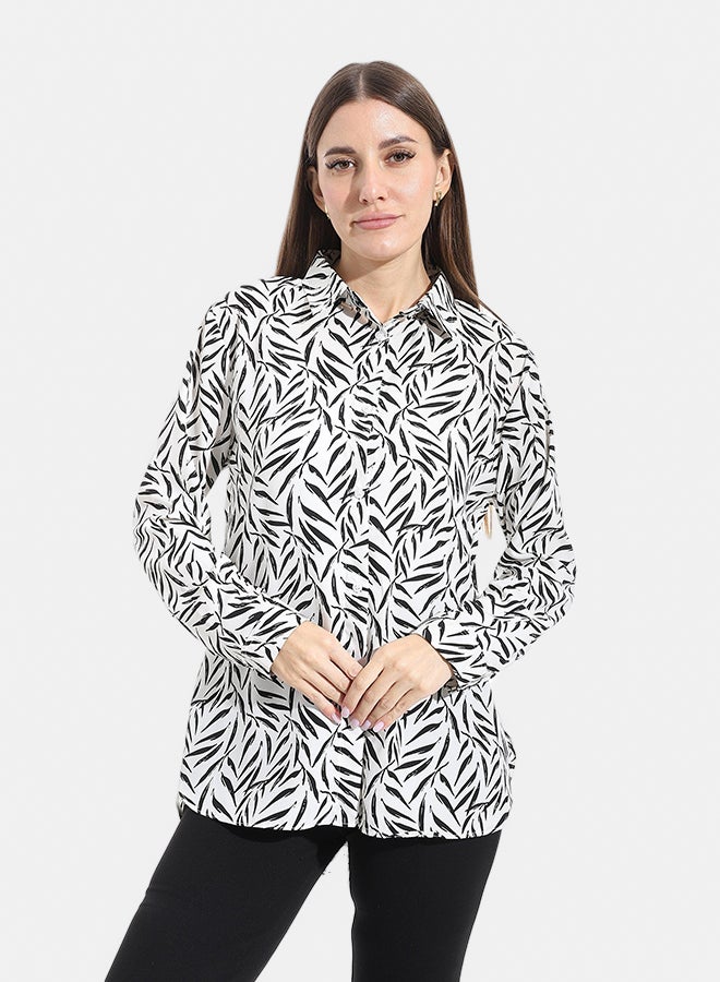 Andora Turned Down Collar Long Sleeves Blouse_White & Black - Image 1