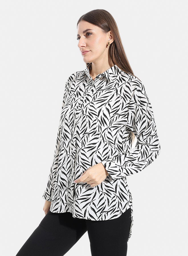 Andora Turned Down Collar Long Sleeves Blouse_White & Black - Image 2