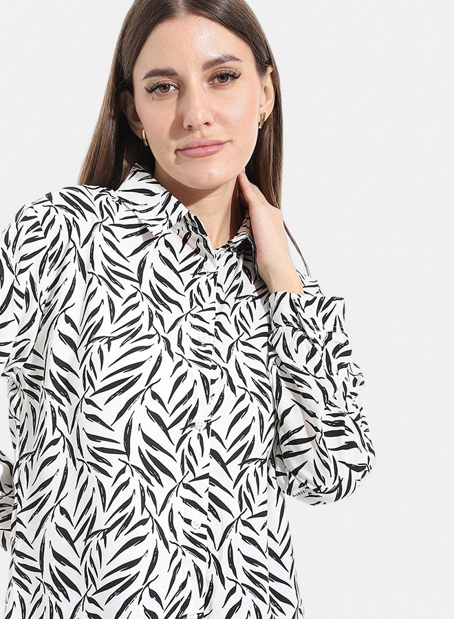 Andora Turned Down Collar Long Sleeves Blouse_White & Black - Image 3