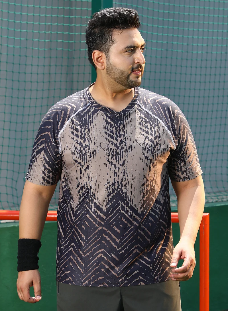 Instafab Plus Instafab Plus Men's Charcoal Black Faded-Chevron Activewear T-Shirt For Casual Wear | V-Neck | Short Sleeves | Plus Size Jersey T-Shirt Crafted With Comfort Fit For Everyday Wear