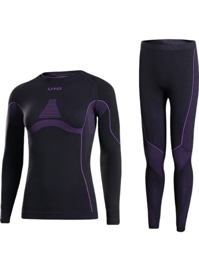 UTO Quick-Dry Compression Base Layer For Women, Functional Underwear For Skiing, Hiking, Outdoor Sports, Sweat-Wicking And Warm Set, Black And Purple, Size L - Image 3