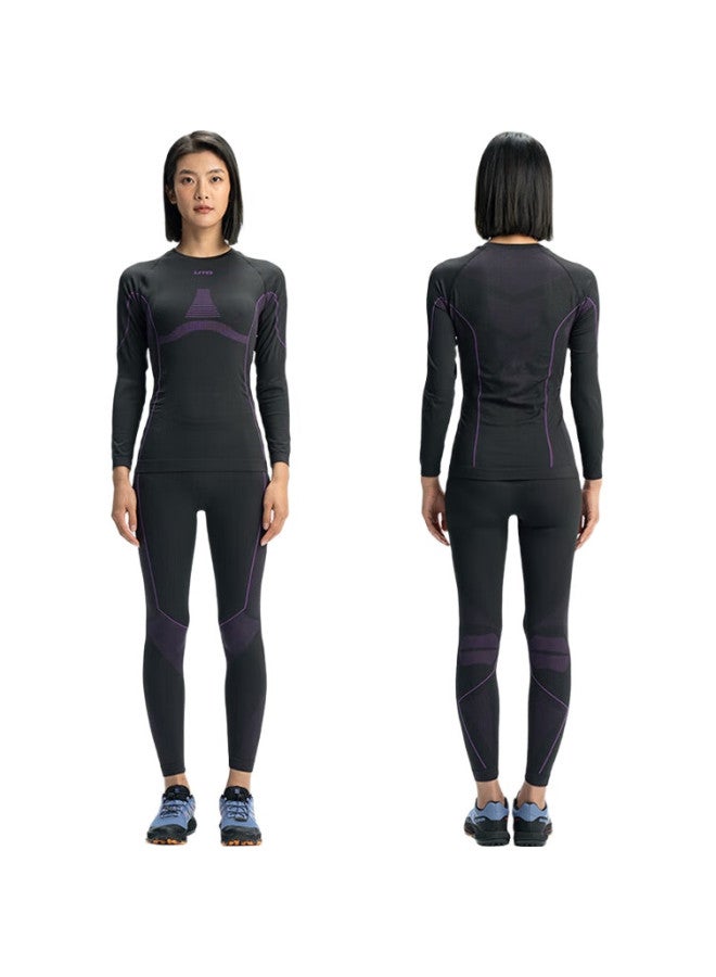 UTO Quick-Dry Compression Base Layer For Women, Functional Underwear For Skiing, Hiking, Outdoor Sports, Sweat-Wicking And Warm Set, Black And Purple, Size L - Image 1