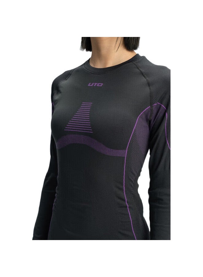UTO Quick-Dry Compression Base Layer For Women, Functional Underwear For Skiing, Hiking, Outdoor Sports, Sweat-Wicking And Warm Set, Black And Purple, Size L - Image 2
