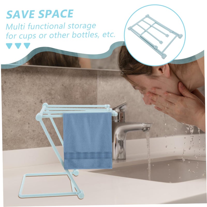 Foldable Vertical Towel Rack Light Blue Plastic 4 Rods Kitchen Bathroom Storage Holder - Image 4