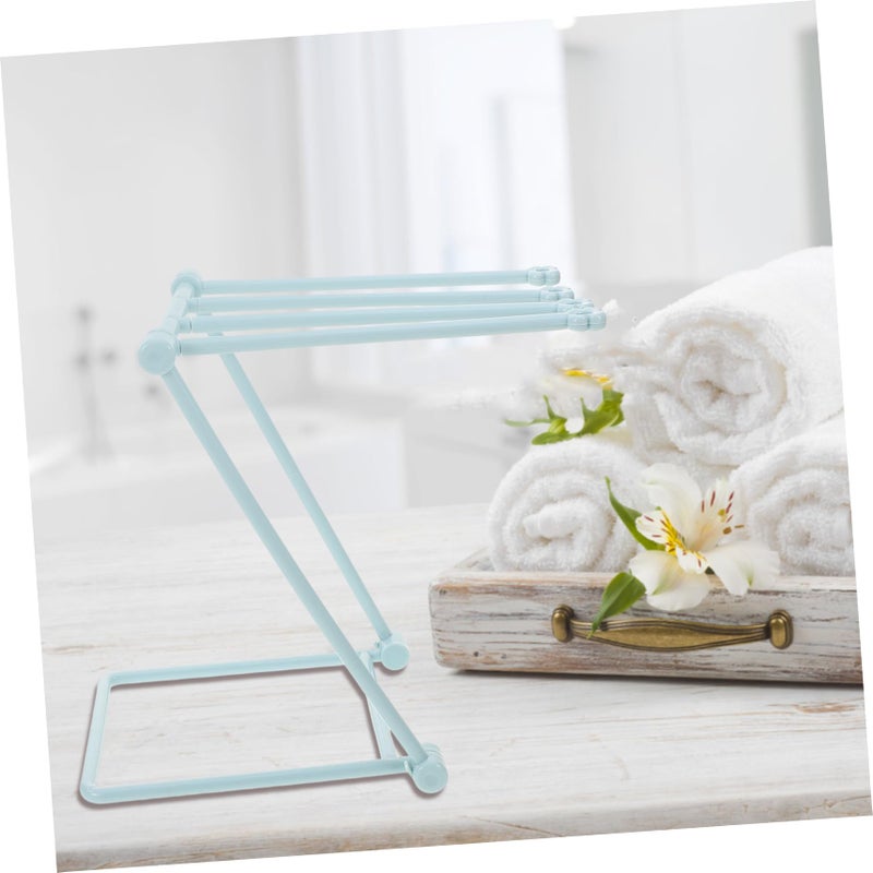 Foldable Vertical Towel Rack Light Blue Plastic 4 Rods Kitchen Bathroom Storage Holder - Image 5