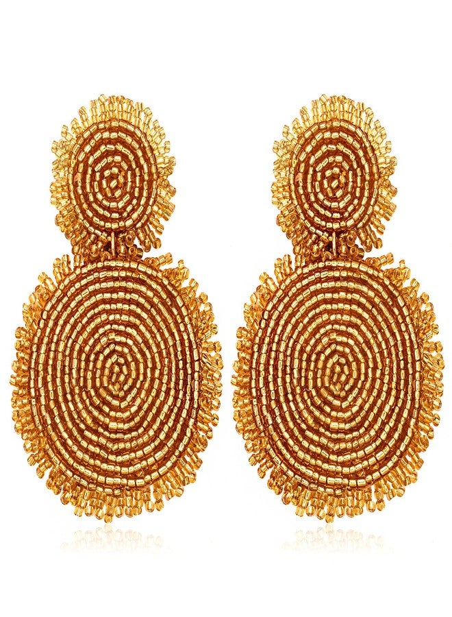YAHPERN Statement Drop Earrings Double Round Disk Seed Bead Stud Earrings Bohemian Beaded Round Earring For Women (Gold) - Image 1