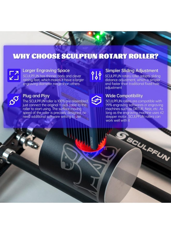 SCULPFUN Laser Engraver Rotary Roller, 360° Y-axis Module for Cylindrical Objects, Cans, Tumbler - Compatible With SCULPFUN S9 C1 iCube Series - Image 3