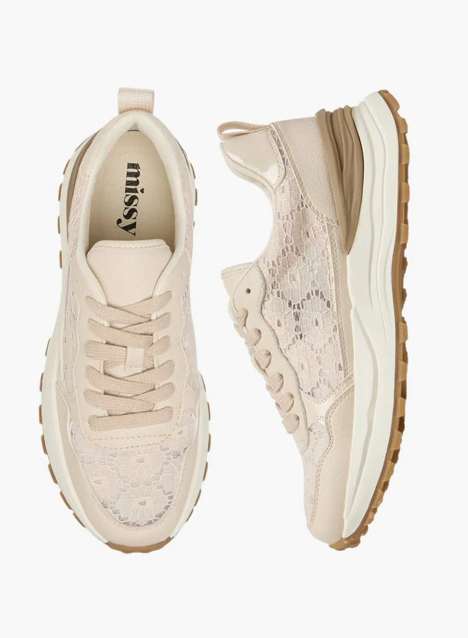 MISSY BEIGE Women Panelled Lace-Up Sneakers with Pull Tab  | Best Price UAE
