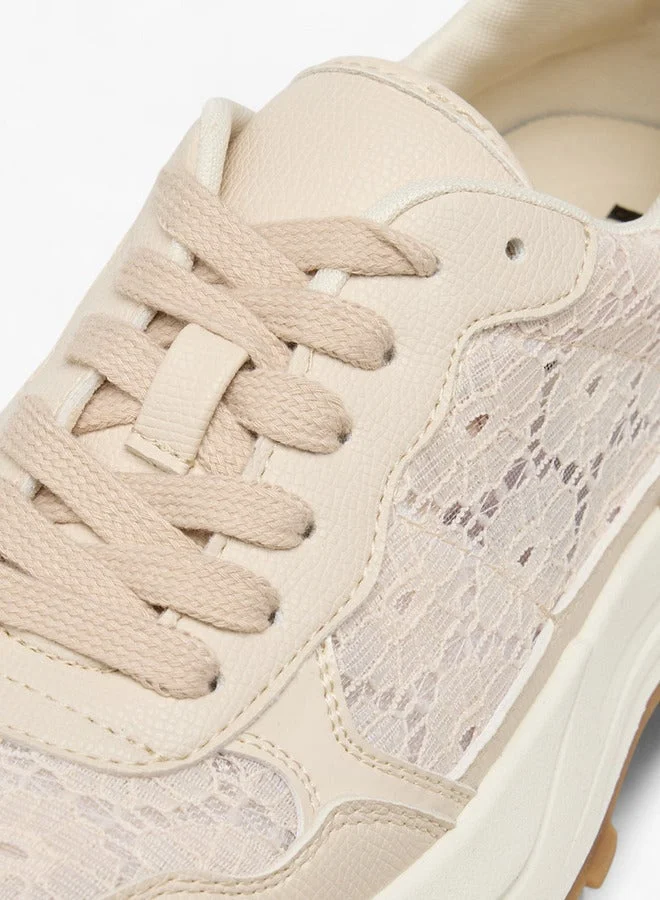MISSY BEIGE Women Panelled Lace-Up Sneakers with Pull Tab  | Best Price UAE