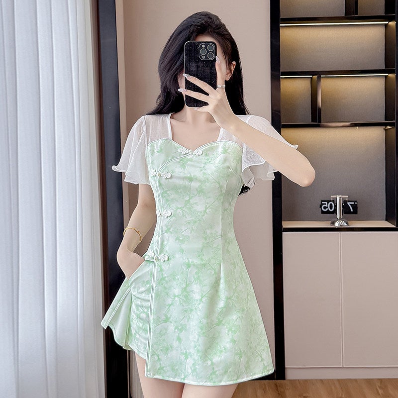 New Chinese-style national style apricot dress 2025 new summer young style temperament slim suit qipao short skirt women - Image 1