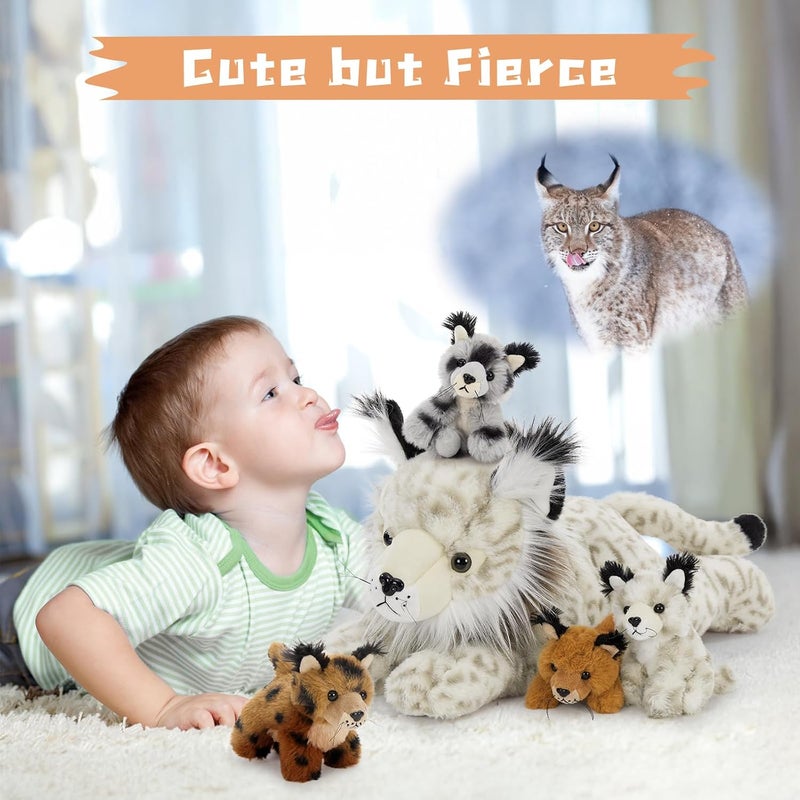 MorisMos Giant Lynx Teddy Soft Toy, 45cm Mom Lynx with 4 Cuddly Baby Inside, Big Fluffly Stuffed Animal, Realistic Large Kawaii Plushy Present for Kids Birthday Deco - Image 5
