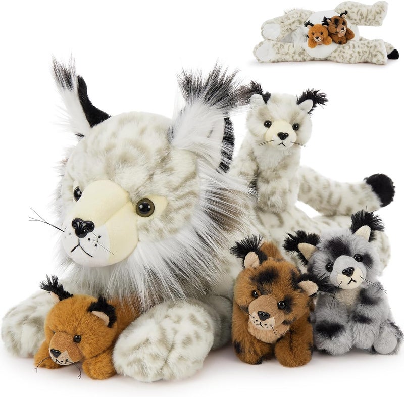 MorisMos Giant Lynx Teddy Soft Toy, 45cm Mom Lynx with 4 Cuddly Baby Inside, Big Fluffly Stuffed Animal, Realistic Large Kawaii Plushy Present for Kids Birthday Deco - Image 1